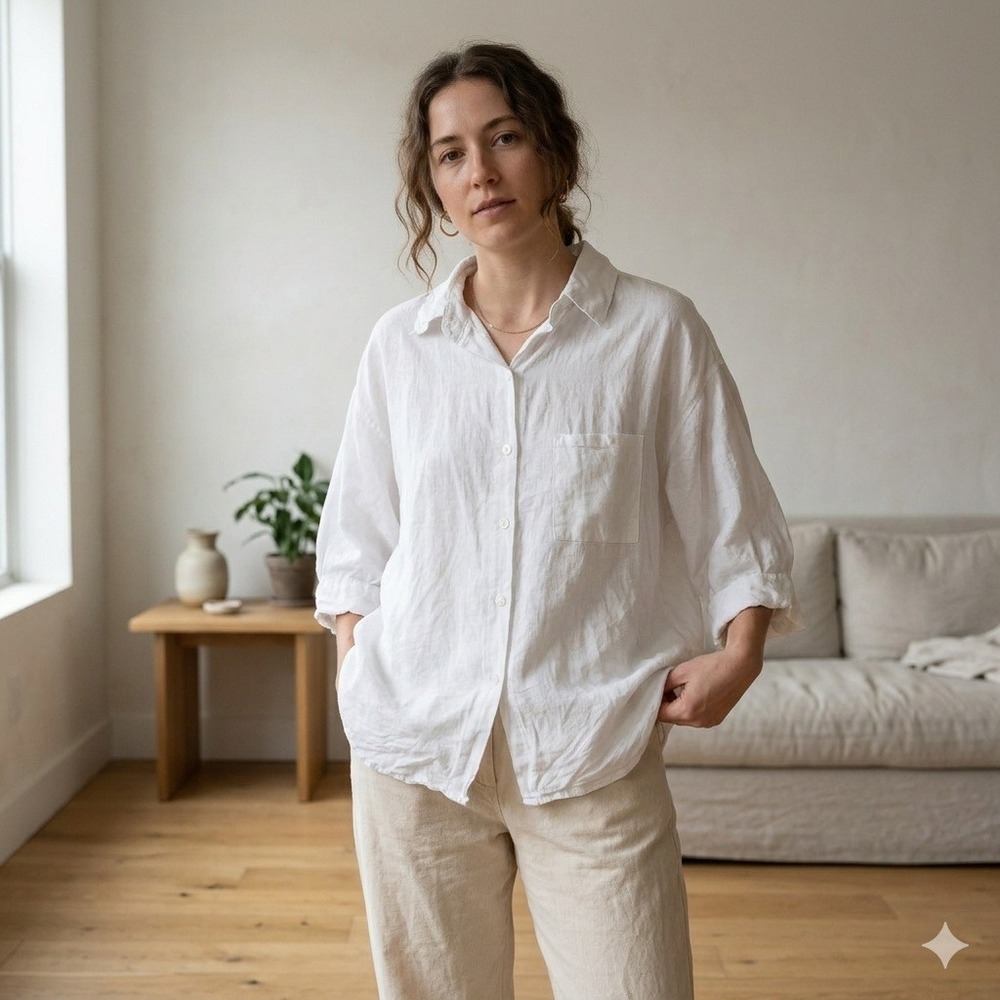 Deiji Studios Top Womens Small Medium White Linen Oversized Coastal Minimalist
